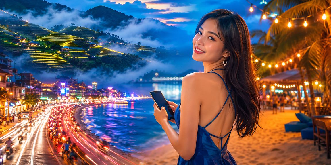 Người dùng trải nghiệm casino trên điện thoại dưới ánh đèn neon tại Sapa